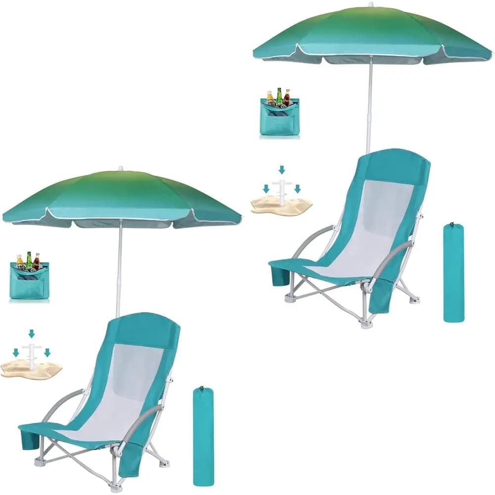 Compact High-Back Beach Chair with Umbrella, Cooler Bag, and Huge Shade - Portable, Lightweight, Outdoor & Camping (2 Pack, Brig