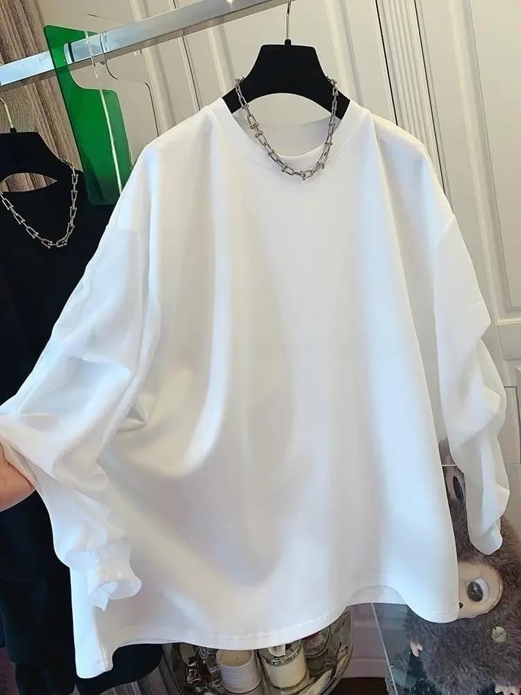 T-shirt a maniche lunghe SuperAen dal design semplice e unico, nera, con pieghe, da donna, ampia, protettiva dal sole, nuova collezione Primavera Estate 2026
