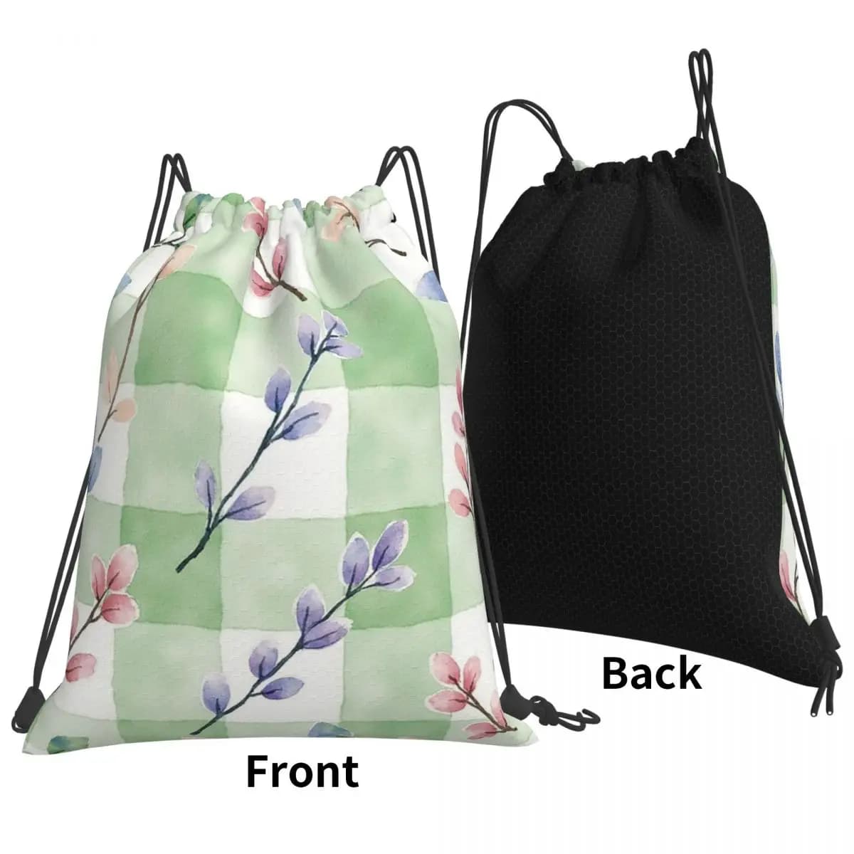 Sage Green Gingham Print Backpacks Portable Drawstring Bundle Pocket Storage Bag Book Bags for Man Woman Students