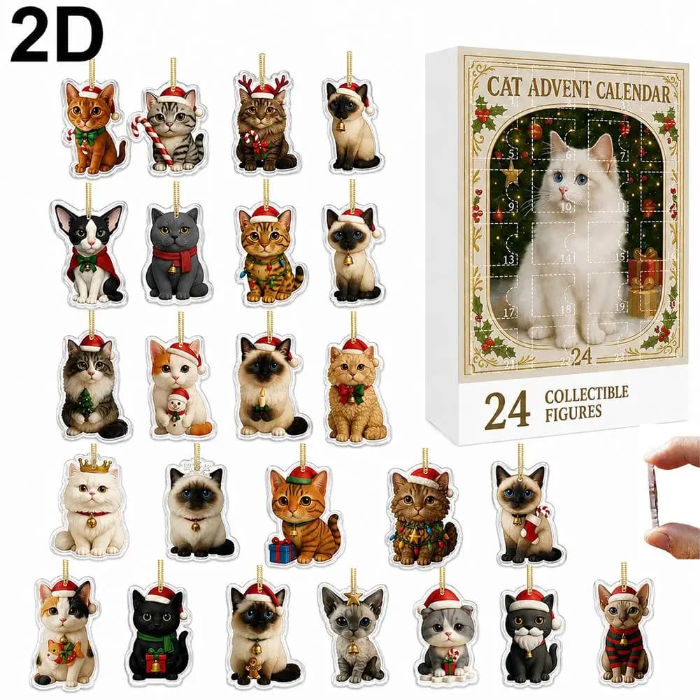 24Pcs 2D Acrylic Cute Kitten Tree Decoration Cute Cat Ornaments Pendant Christmas Cat Advent Calendar Xmas Cat Lovers Gifts