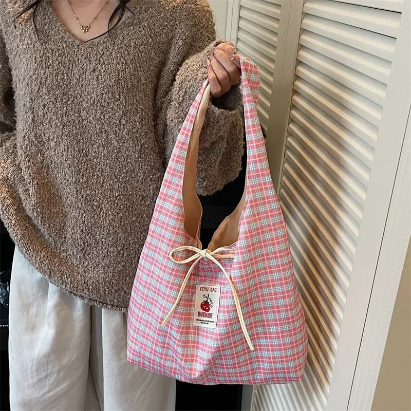 Korean Ins New Lazy Sweet Checkered Summer Thin Single Shoulder Shopping Bag Casual Commute Vest Bag Women'S Bag