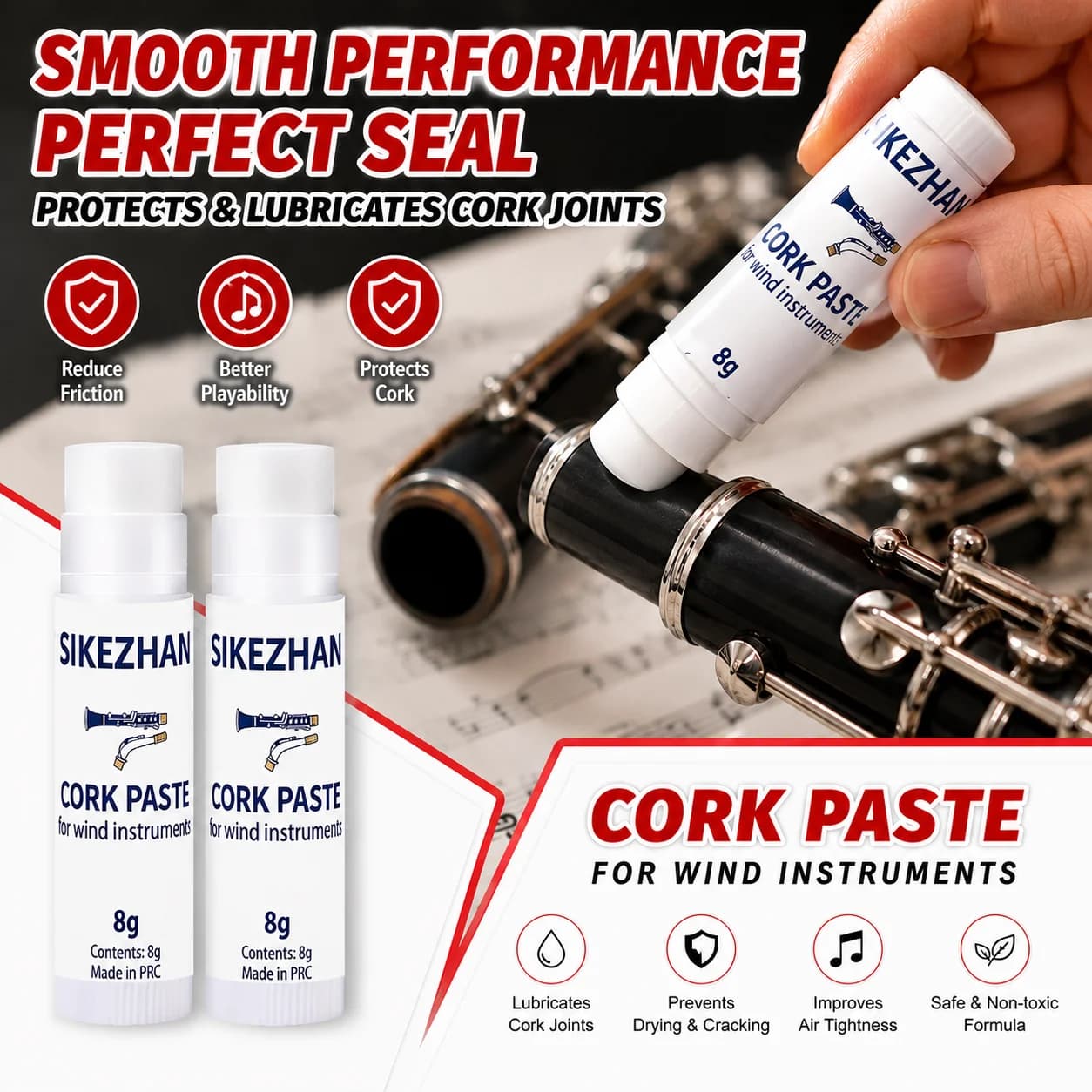 SIKEZHAN Professional 8g Cork Paste for Wind Instruments, Premium Lubricating Grease Stick for Clarinet Saxophone Care