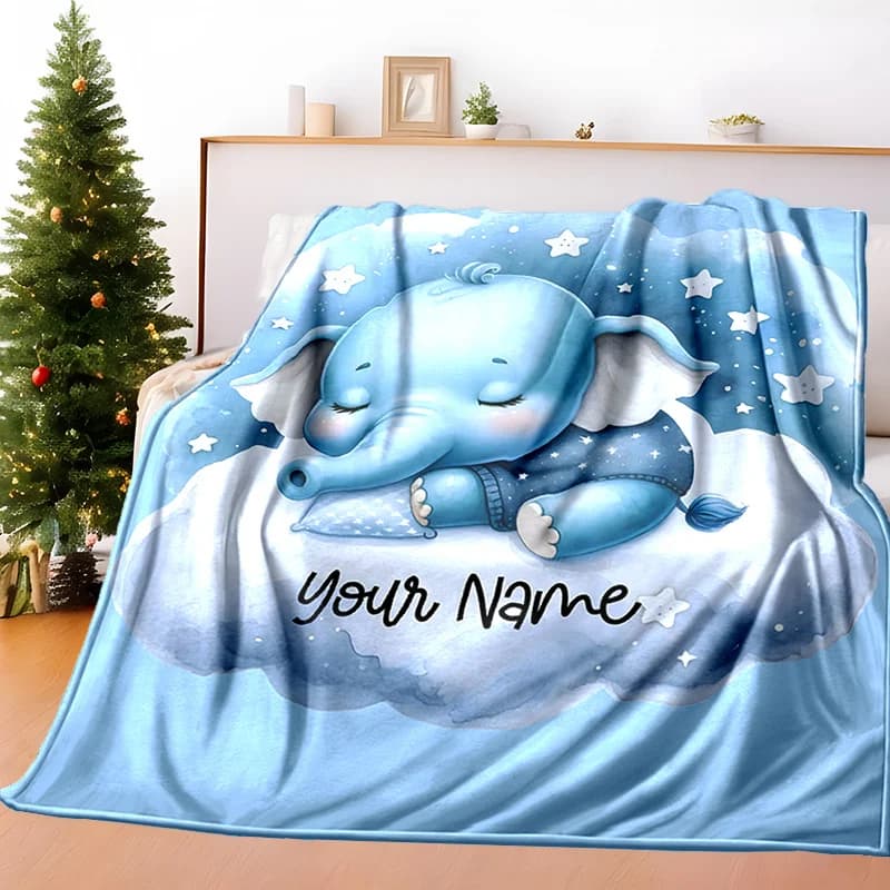 Personalized Charm, Customizable Blue Elephant Blanket Personalized Name,Lightweight Polyester Parabola Suitable for All Seasons