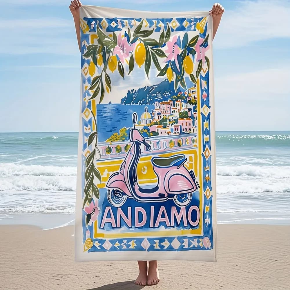 Telo mare Vespa della costa amalfitana, con motivo, protezione solare e antivento, adatto per piscina, campeggio, coperta da viaggio