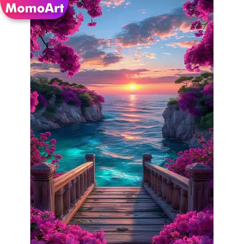 Momoart Nuovo Arrivo: Quadro Fai-da-Te con Mosaico di Diamanti, Paesaggio Marino, Pittura con Strass, Ricamo del Tramonto, Artigianato