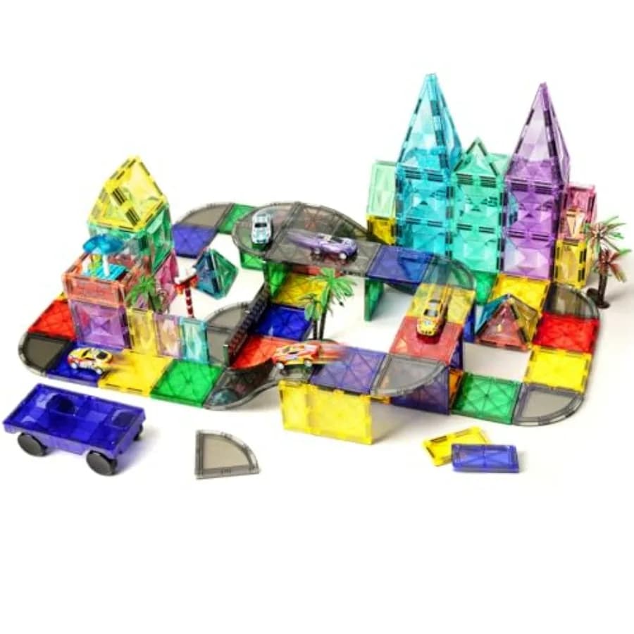 Set di Costruzioni Magnetiche 2-in-1 con Pista da Discesa - 40 Pezzi di Blocchi Magnetici con Auto e 48 Pezzi di Grandi Diamanti Magnetici Glitterati
