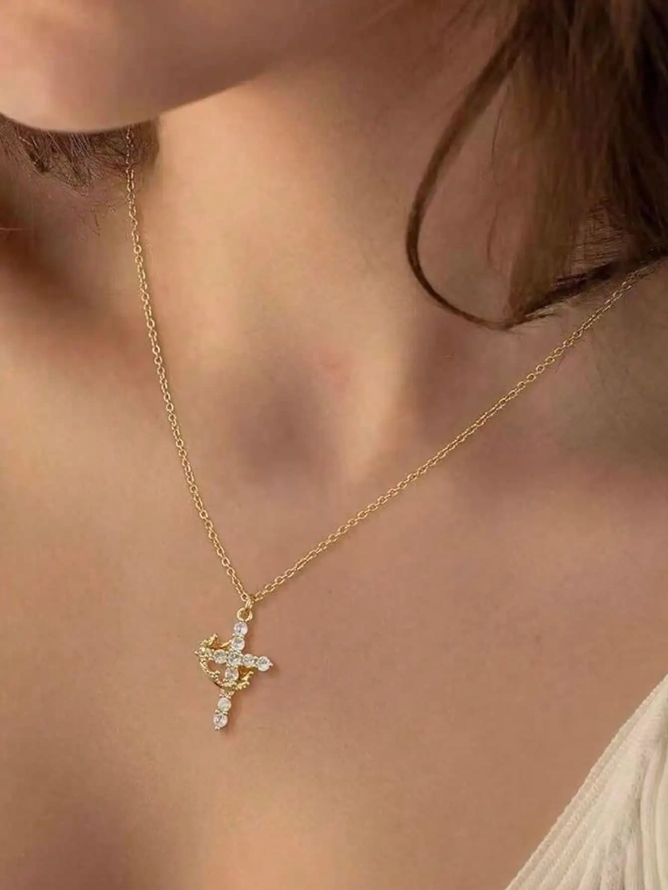 Plated Crown Cross Pendant Necklace, Mother's Day Gift for Women