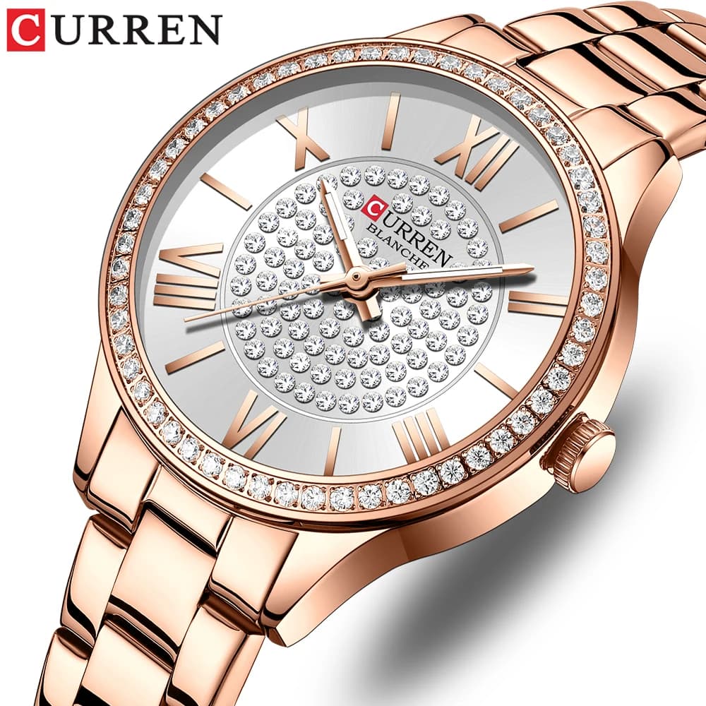 CURREN Orologio da donna Orologio da polso in oro rosa Cinturino in acciaio inossidabile di lusso Orologio da donna impermeabile al quarzo Qointer luminoso Reloj
