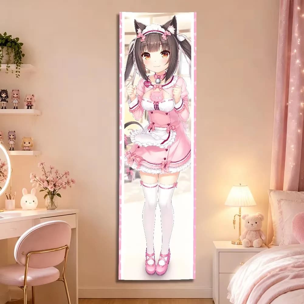Nekopara Vertical Tapestry, Long Strip Full Body Cat Ear Maid Character Wall Hanging, Sweet Pink Polyester Wall Cloth for Bedroo