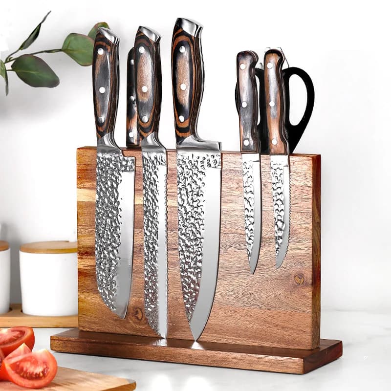 Double side magnetic knife holder, universal acacia wood knife holder, home knife holder, kitchen counter organizer