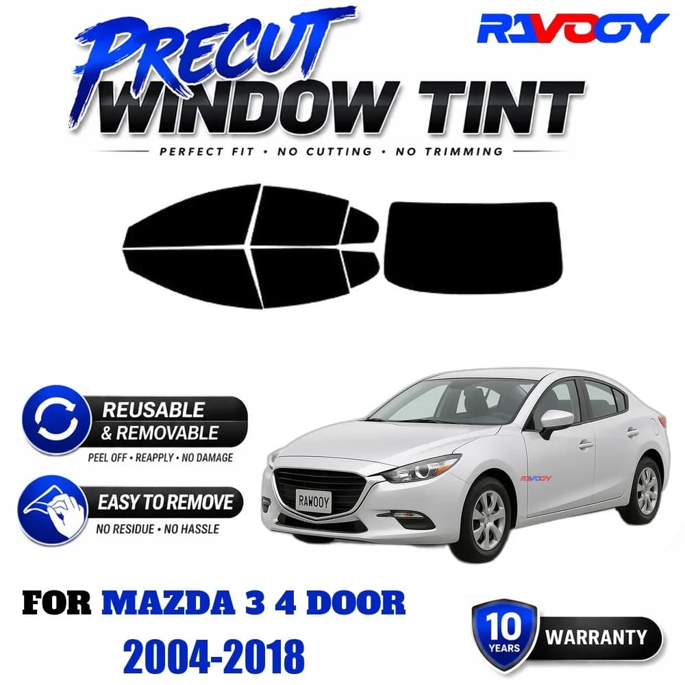 RAVOOY Precut Window Tint, Reusable Removable EPU Film, Custom Fit for Mazda 3 4 Door 2004-2018, UV Heat Protection