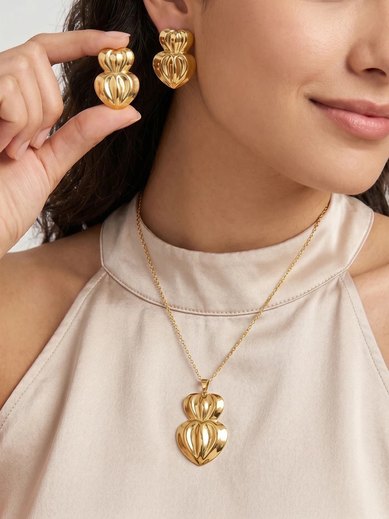 Set di Gioielli in Acciaio Inossidabile con Doppio Cuore per Donne, Collana con Ciondolo a Cuore Gonfio e Orecchini, Set Impermeabile, Regalo di Gioielli a Forma di Cuore