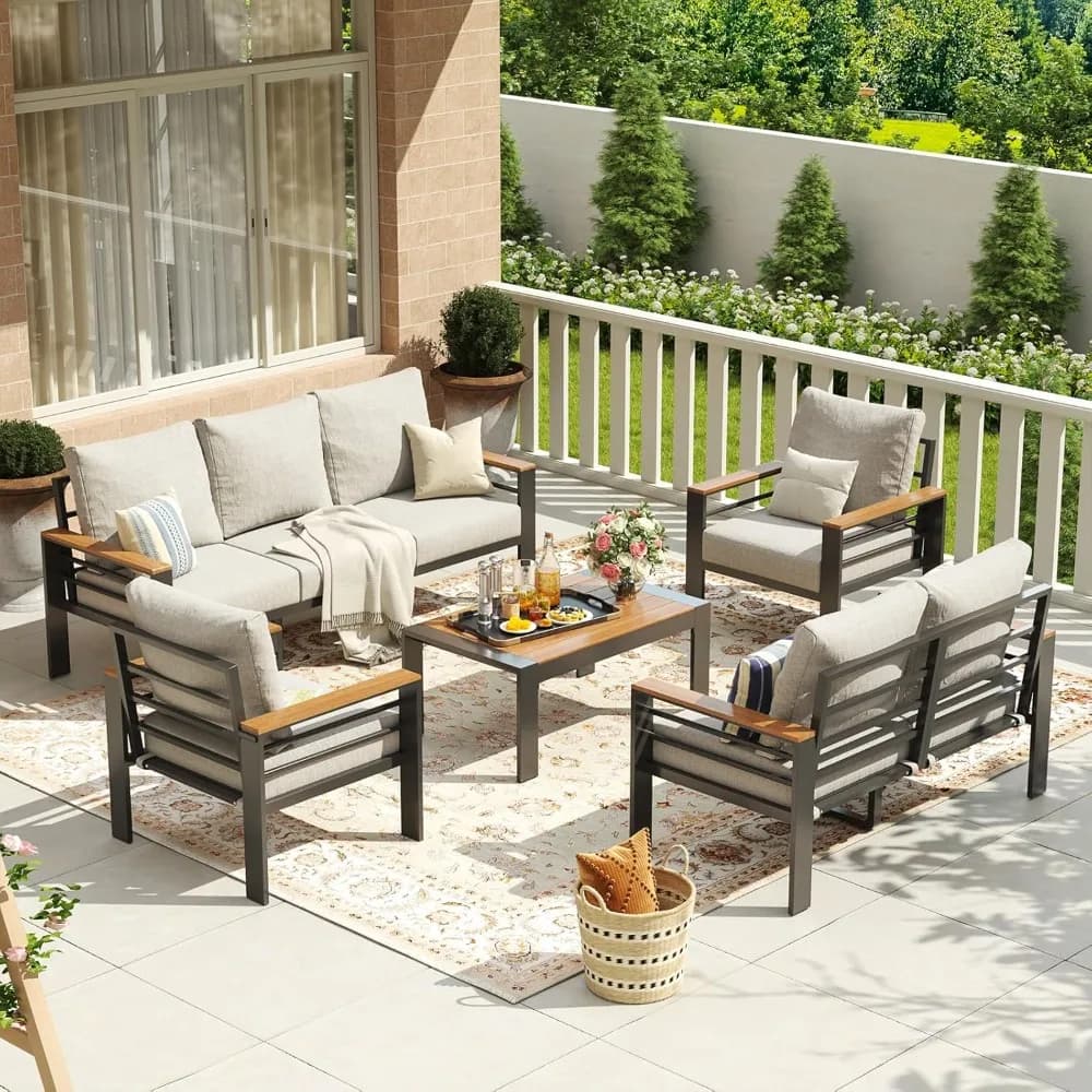 US Shipping Aluminum Outdoor Sectional Sofa Set 7 Seats with Coffee Table Thick Cushions Waterproof Cover