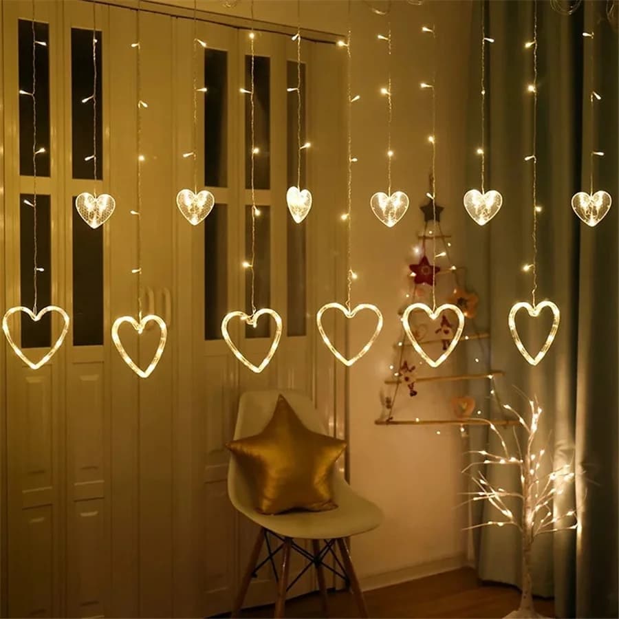 Luci a corda per tende a forma di cuore romantiche a LED 8 modalità Ghirlanda di lucine natalizie per la decorazione della festa nuziale del giardino domestico