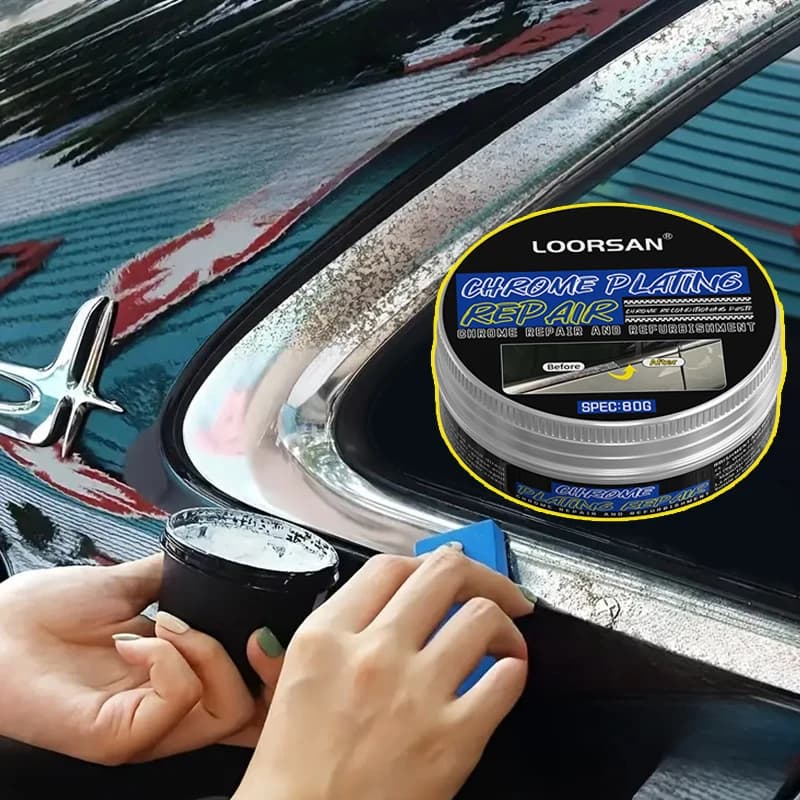 LOORSAN-Pasta Lucidante Cromata per Auto, per Emblemi e Finiture Finestrini, Rimuove Ossidazione e Ruggine, Ripristina la Lucentezza con Spugna 50ml