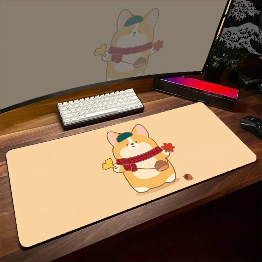 Cute Corgi Non-Slip Large Mouse Pad Gaming Desk Setup Pads White Accessories Big White Mousepads Rubber HD 90X40 Kawaii Desk Mat
