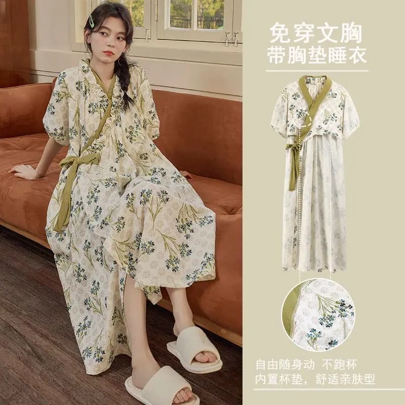 Women's kimono style nightdress Cute summer night shirt with short sleeves New Pigiama bathrobe to wear for medium length home
