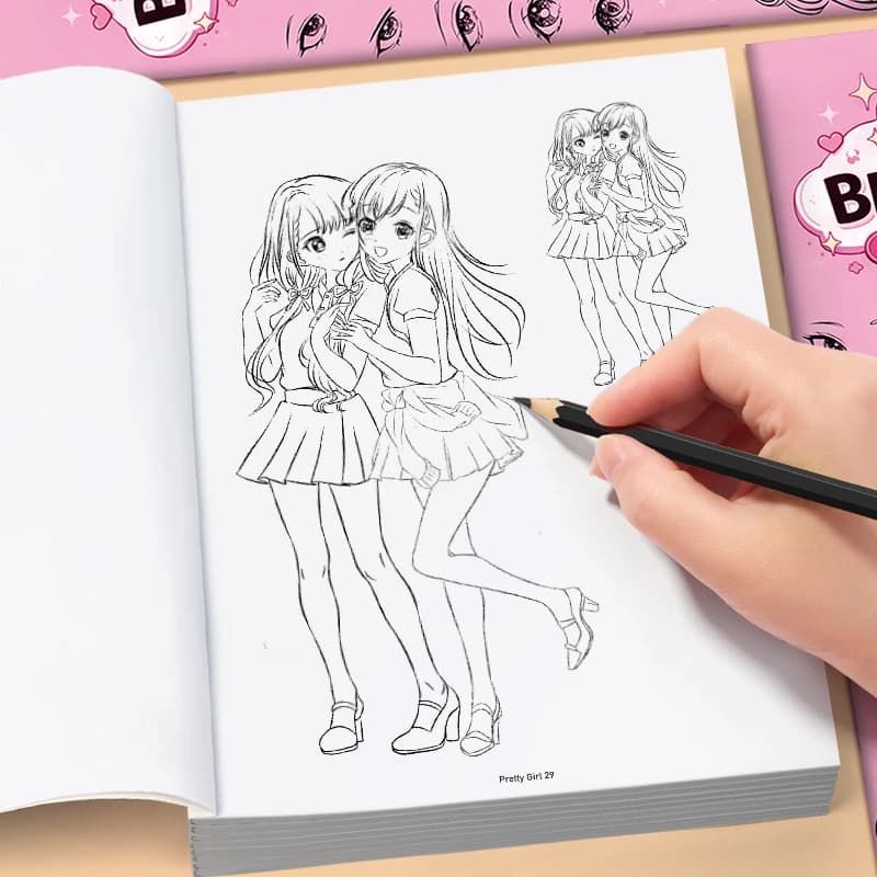 Beautiful Girl Sketching Coloring Book Graffiti, Line Drawing Album, Comic Character Drawing Practice Book, Flip Up Version