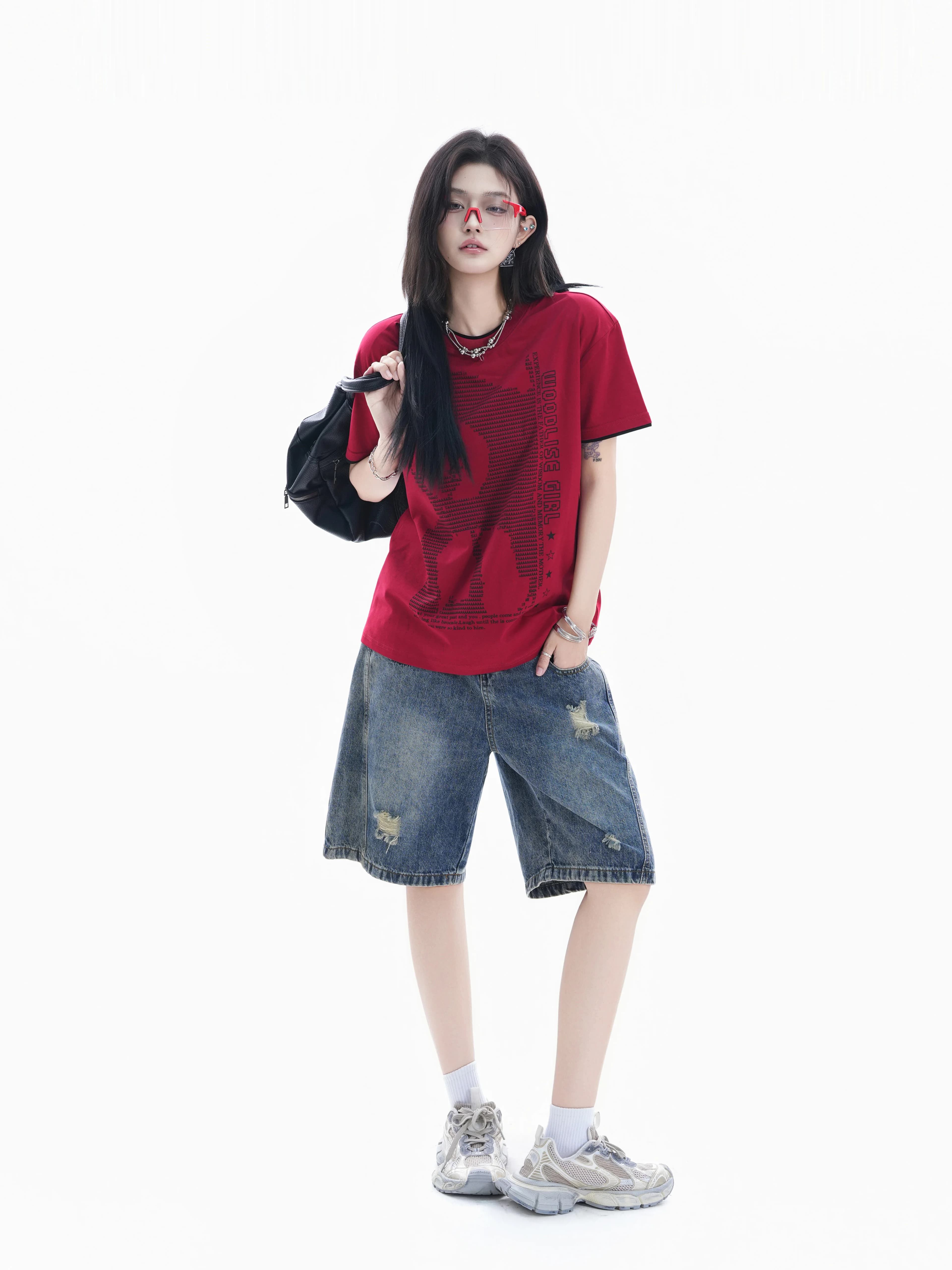 Retro American Printed Short Sleeve T-Shirt Women Loose Color Block Couple Small Sporty Top Trendy Cotton round Neck Pullover