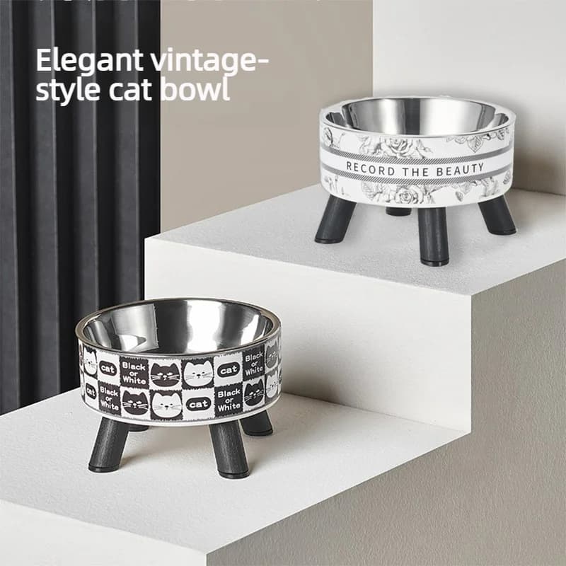 Elevated Cat Bowl Raised Stainless Steel Pet Feeder Non Slip Detachable Food Water Bowl Protect Neck For Cats Small Dogs Retro S