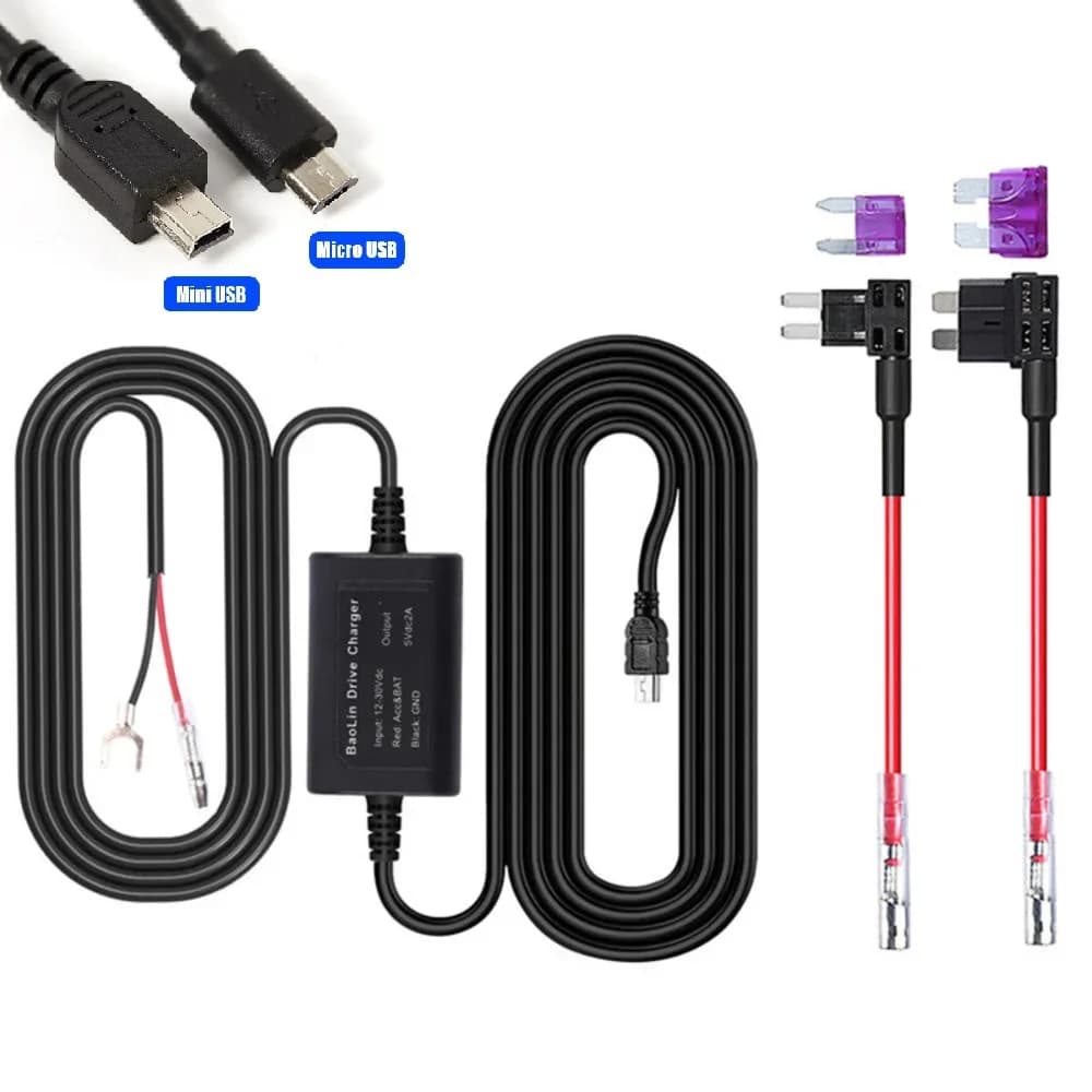 Universal 3.5m 12v-36v to 5v 2.5A Mini Micro USB Car Dash Camera Charger Adapter Cam Hard Cable DVR Hardwire Kit ACS Fuse