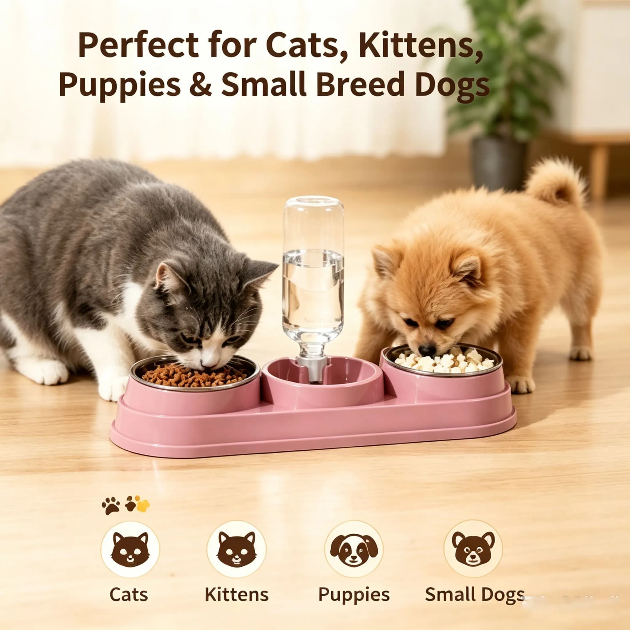 Automatic Refill Pet Water Feeder Set 3-in-1 Stainless Steel Food Bowls for Kitten Puppy Non Slip Pet Feeding Station 4 Colors