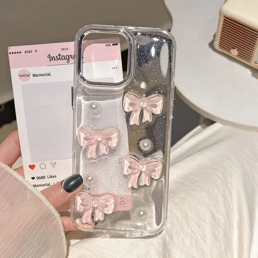 Custodia per telefono trasparente coreano carino 3D rosa Bowknot perla per iPhone 16 15 14 13 12 11 Pro Max 16 Plus copertura trasparente antiurto