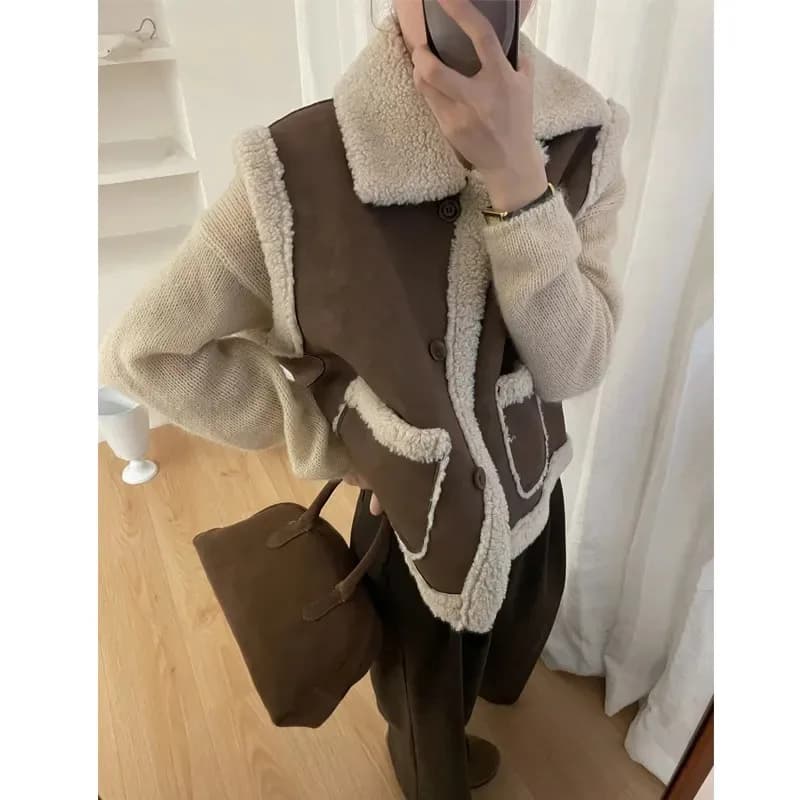 Gilet cardigan con bottoni autunno e inverno da donna in colore a contrasto, gilet senza maniche, giacca casual da donna