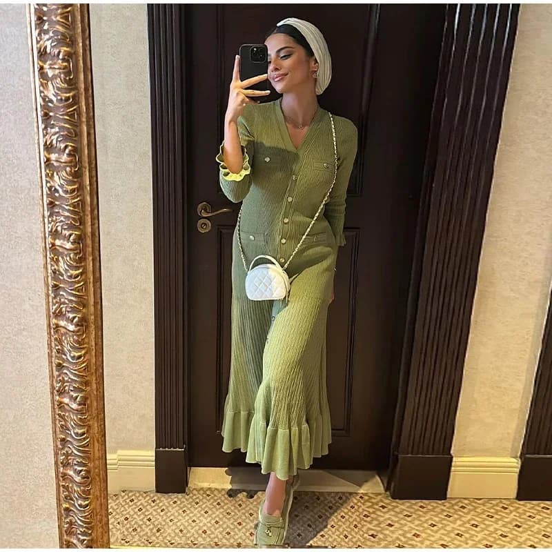 Stylish knitted single-breasted dress with women's ballast sleeves with v neck long dresses female streetwear