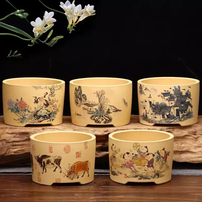 Ceramic Round Bonsai Pot,Vase,Tradition Chinese Pattern,Garden Decoration
