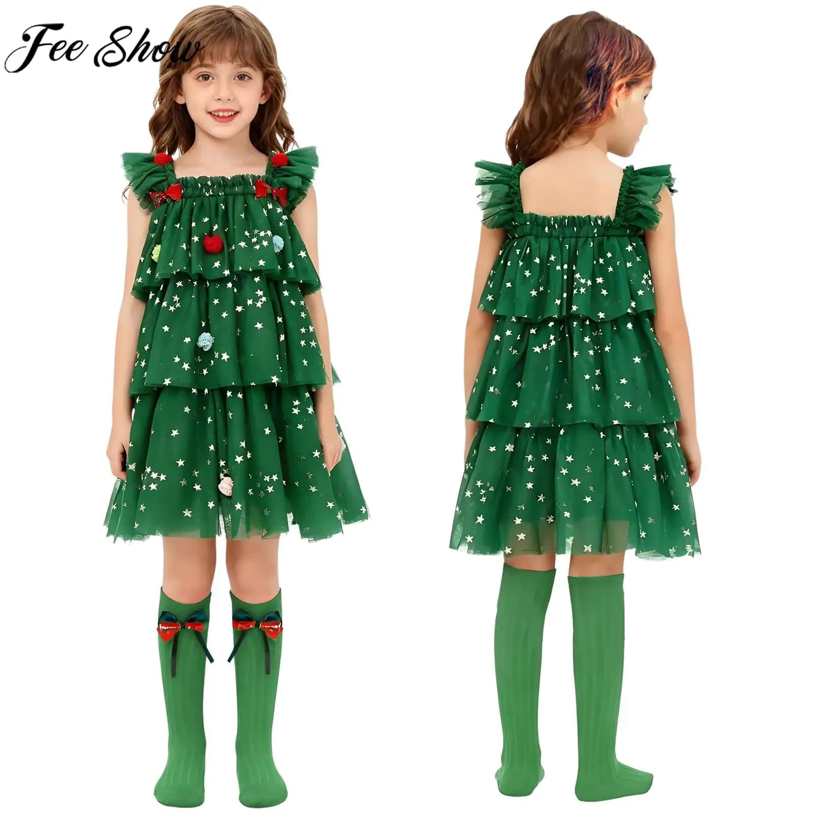 Toddler Girls Christmas Tree Elf Cosplay Costume Star Print Layered Tulle Tutu Dress with Socks for Xmas Party Photo Shoot