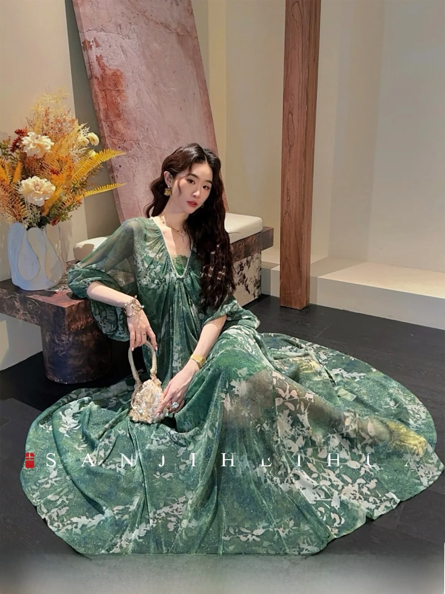 Sanji Black Flower New Chinese Style Embroidered Lace Dress Long Skirt Beautiful Stylish Commute Simple Loose Waist Nylon Fabric
