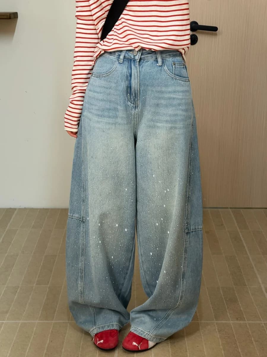 Loose Women's Jeans Embellished with Hotfix Rhinestones Light Blue Wide Leg Pants Slimming Floor-Length Spring 2026