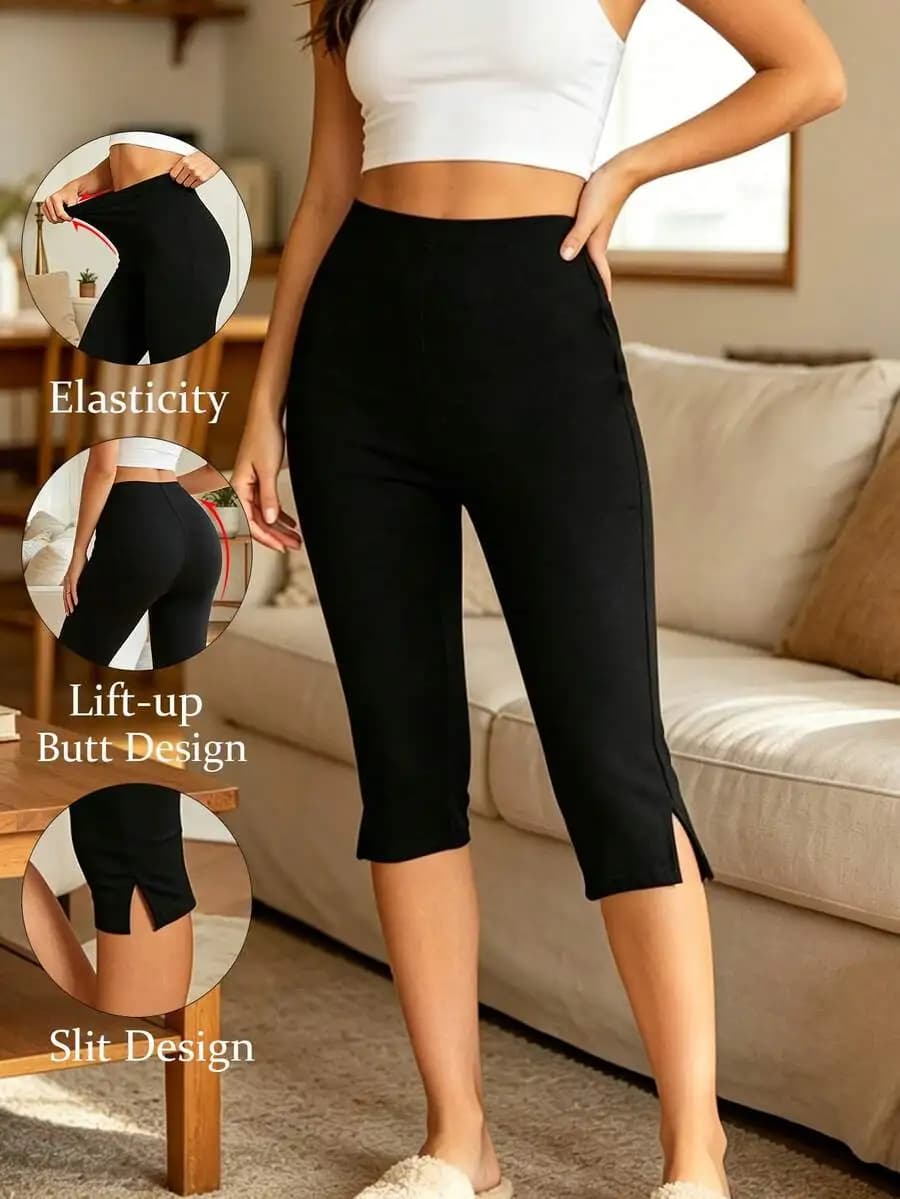 Leggings da donna a tinta unita con orlo a spacco, lunghezza 7/8, comodi, traspiranti, estivi, casual