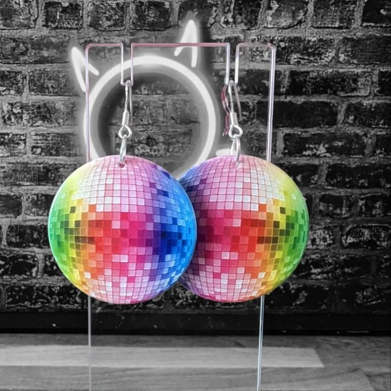 Orecchini da donna in acrilico con palla da discoteca rotonda colorata divertente arcobaleno bulbo oculare Ice Skate acrilico fatto a mano Nightclub Girls' Jewelry