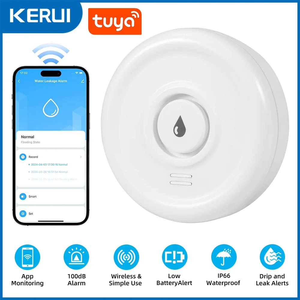 Rilevatore di Perdite d'Acqua WiFi Intelligente KERUI Tuya con Batteria, Allarme 100db, Sensore di Allagamento e Gocciolamento Smart Life
