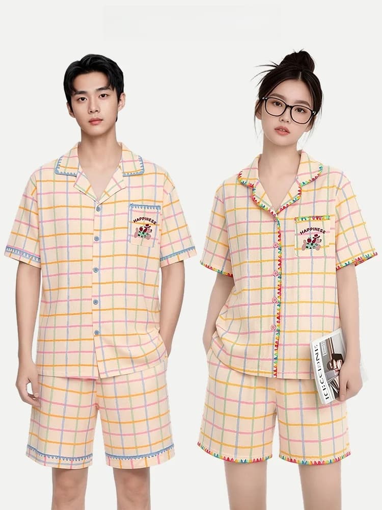 Couple's Cotton Pajamas Short Sleeve Short Pants Cool Feeling Home Clothes Set Breathable Lightweight Summer Sleepwear