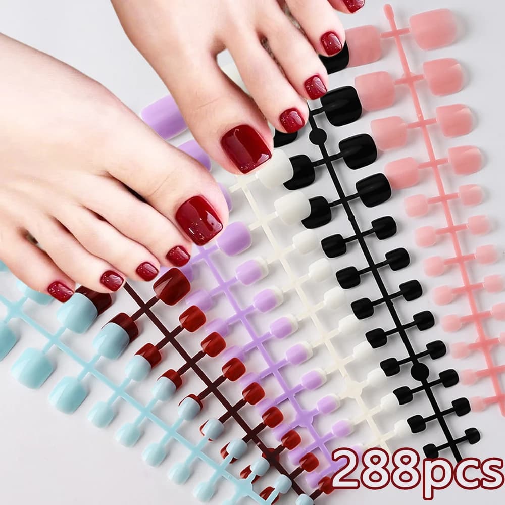 288 pezzi di unghie finte corte a punta quadrata, 6 colori, diverse misure, finitura lucida, copertura completa, unghie finte adesive per estensione, unghie acriliche finte per piedi.