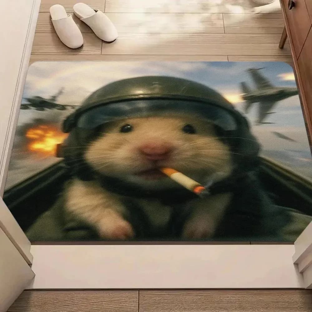 VIKAMA Cool Pilot Smoking Hamster Meme Doormat Fighter Jet 3D Funny Animal Rug Non Slip Entrance Front Door Floor Mat