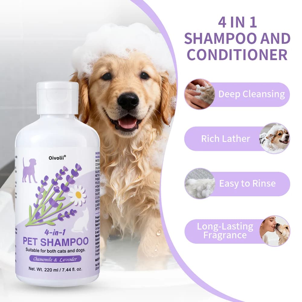 Shampoo e Balsamo 4-in-1 per Cani 220ml, Formula Delicata alla Camomilla e Lavanda, Lenisce la Pelle, Deodora, Pulisce lo Sporco, Ammorbidisce