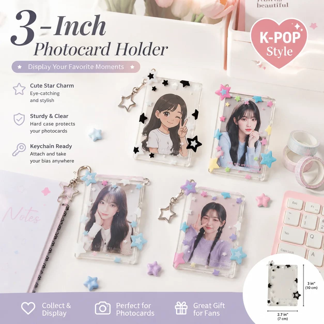 Star Design 3 Inch Photocard Holder, Transparent Card Sleeve with Lanyard, Korean Style Hard Photocard Case