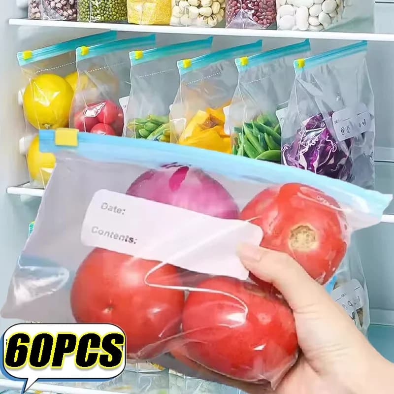 10-60PCS Sacchetti per alimenti riutilizzabili Frigorifero Borsa trasparente sigillata con cerniera Borsa da cucina con cerniera fresca Contenitori sigillanti in plastica