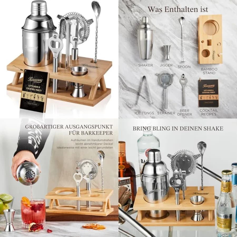 Set da cocktail con shaker, kit da barista, set da bar in argento a 6 pezzi con supporto, kit da bar con accessori essenziali: shaker per Martini
