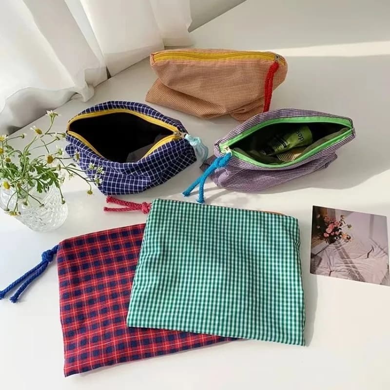 New Women Plaid Makeup Bag Large Capacity Cotton Zipper Pouch Purse Travel Clutch Makeup Bag Cosmetic Storage for Girl