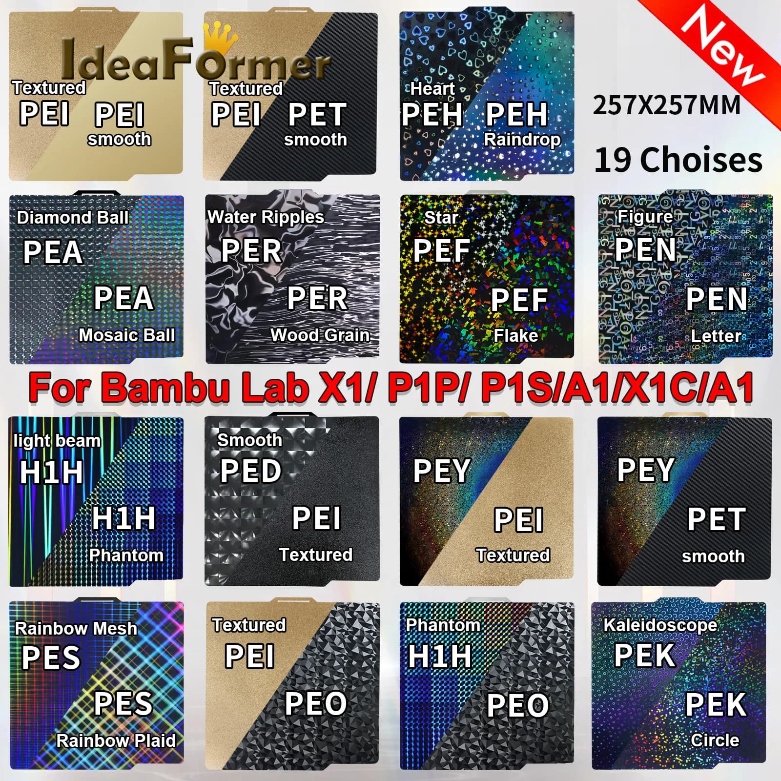 Per Bambu Lab A1/P1P/P1S/X1C/X1/X1E PEI PET 257x257mm piastra di costruzione fronte-retro letto aggiornato per parti della stampante 3d da laboratorio Bambu.