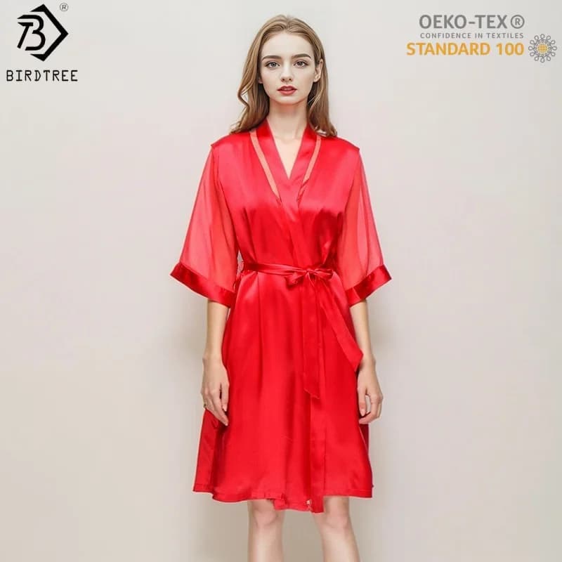 BirdTree,OEKO-TEX,19MM 100% Silk Night-Robe,Women V Neck Half Sleeve,Elegant Homewear Pajamas Robe,2025 New P5D912JF
