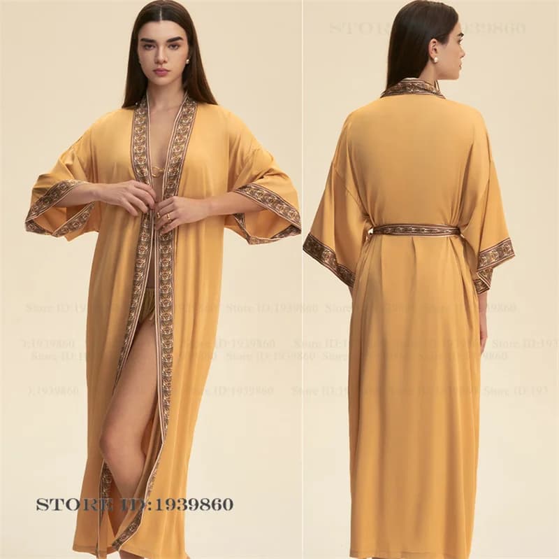 Plus Size Donna Abito lungo Pigiama Raso di seta Indumenti da notte Kimono Accappatoio Abito Primavera Estate Nuovo Homewear Lounge Wear Negligee