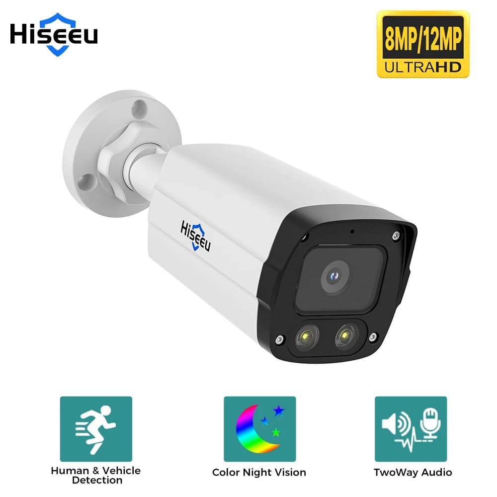 Hiseeu 4K 8MP 12MP POE Telecamera IP Audio Esterna H.265 Onvif Grandangolo 2.8mm Visione notturna a colori Video sorveglianza domestica Sicurezza