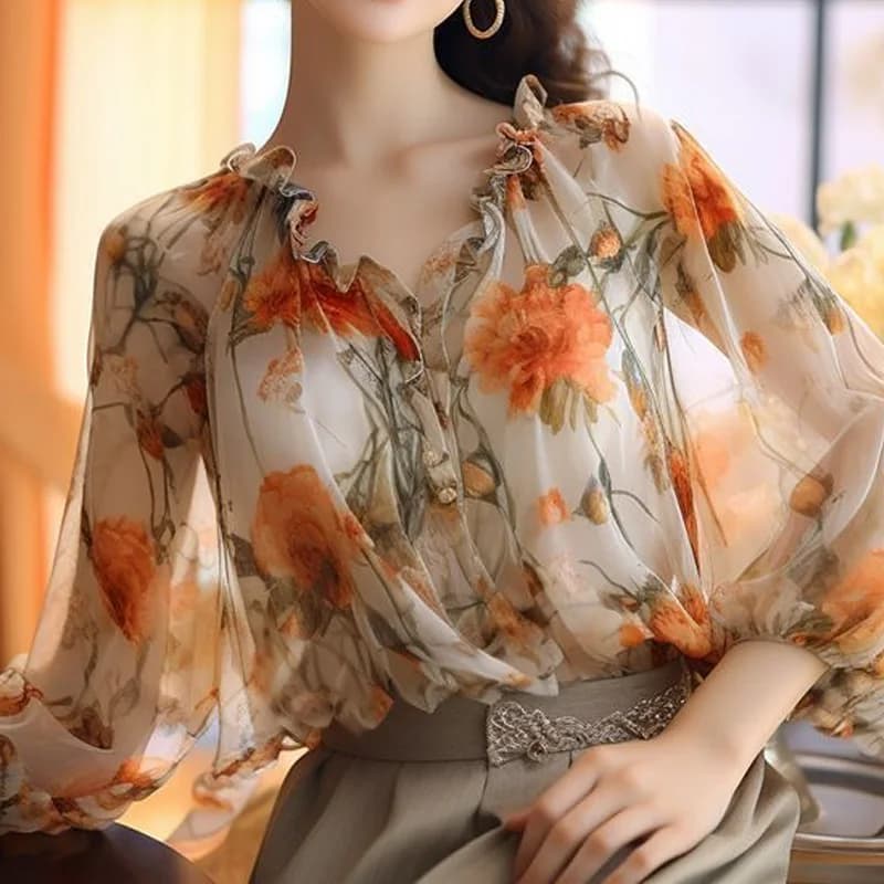 2024 Top floreali Dolce donna Stampa Pullover Stile giovane T-shirt con scollo a V Estate Moda sottile Manica lunga Abbigliamento donna