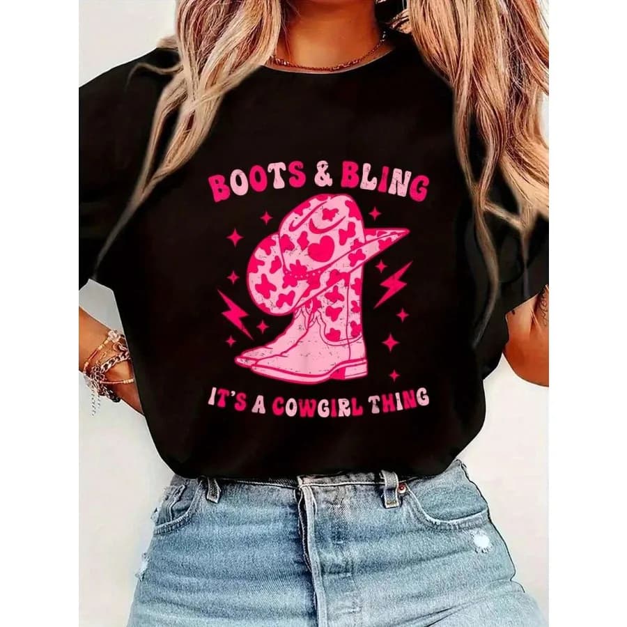 【New Arrival】Boots & Bling It's A Cowgirl Thing T-Shirt Pink Western Cowgirl Boots Casual Short Sleeve Tops